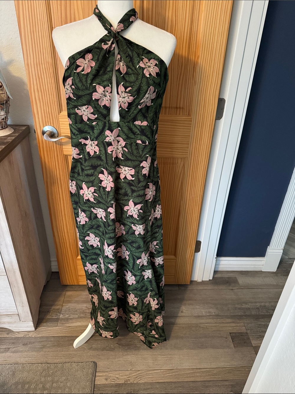 Topshop Green Floral Halter Dress with Pink Accents
